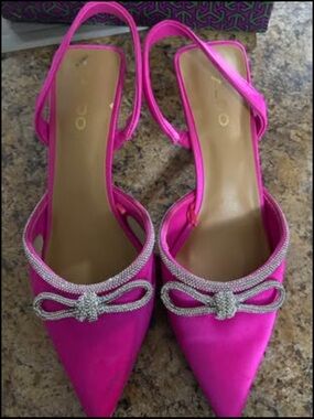 Aldo Hot Pink Satin Slingback Mules with Crystal Bow